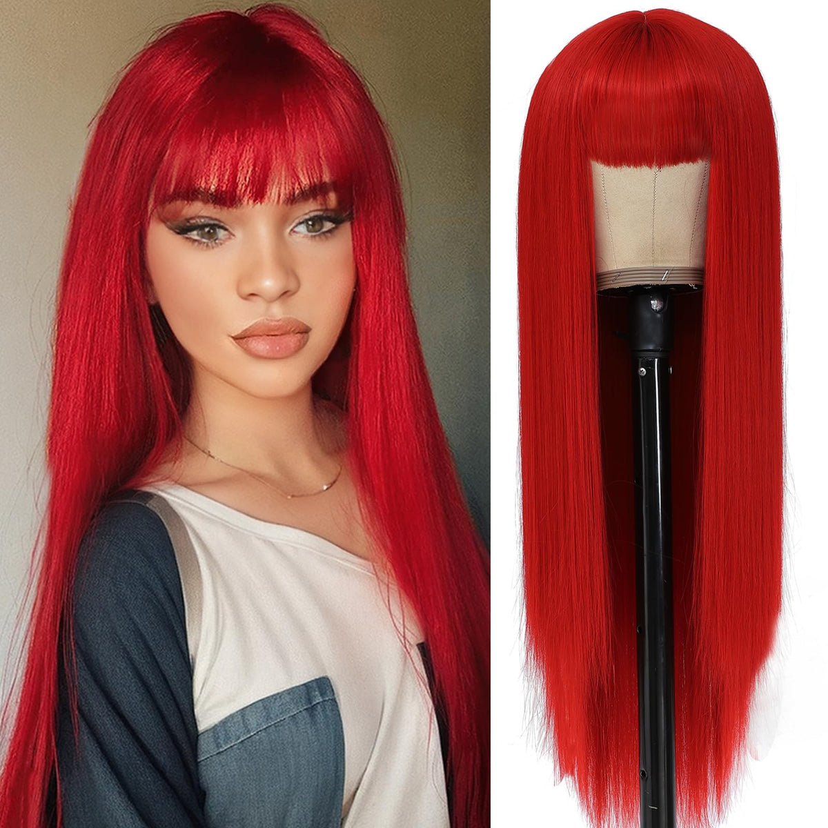 Long Red Wig with Bangs (view 3)