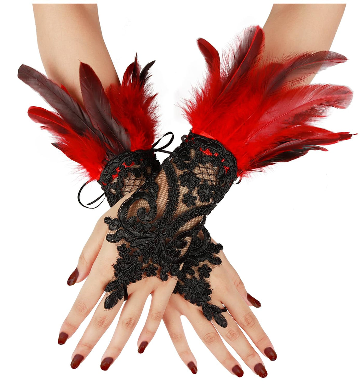 Lace and Feather Cuff Gloves (view 2)