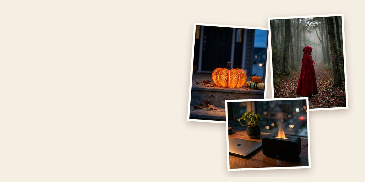 Glowing pumpkin lantern, hooded cloak and flame diffuser
